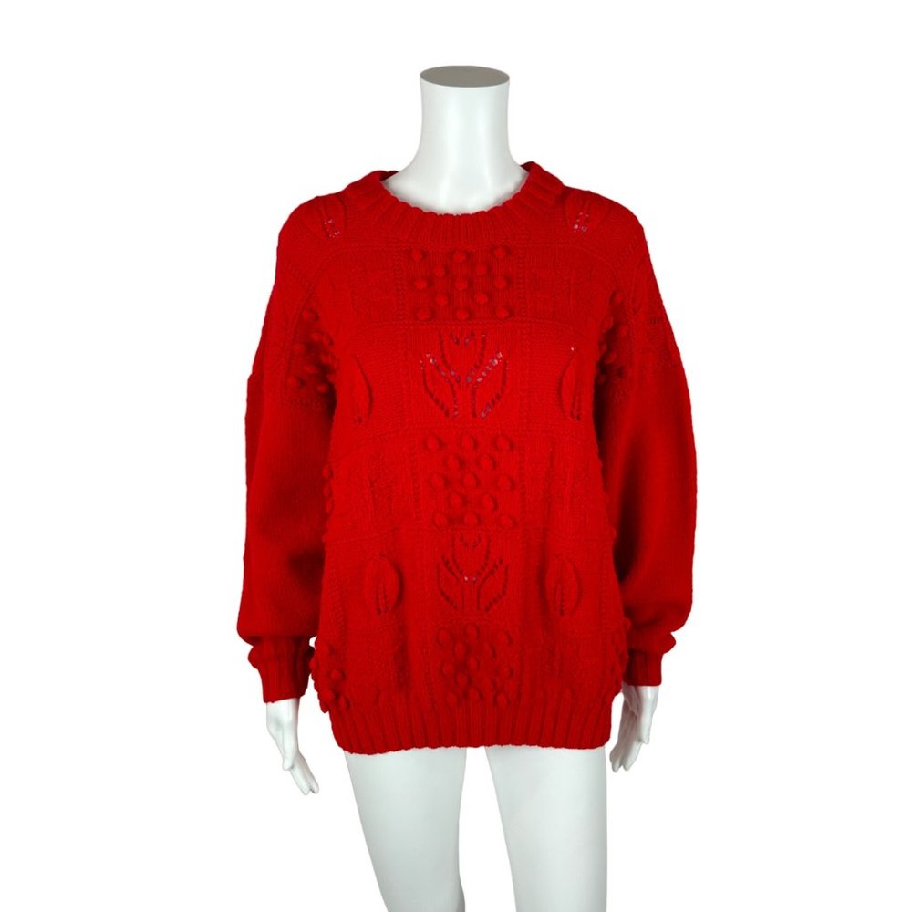 Vintage 80s Oversize Sweater Red Tulips Pom Pom's Acrylic Pullover